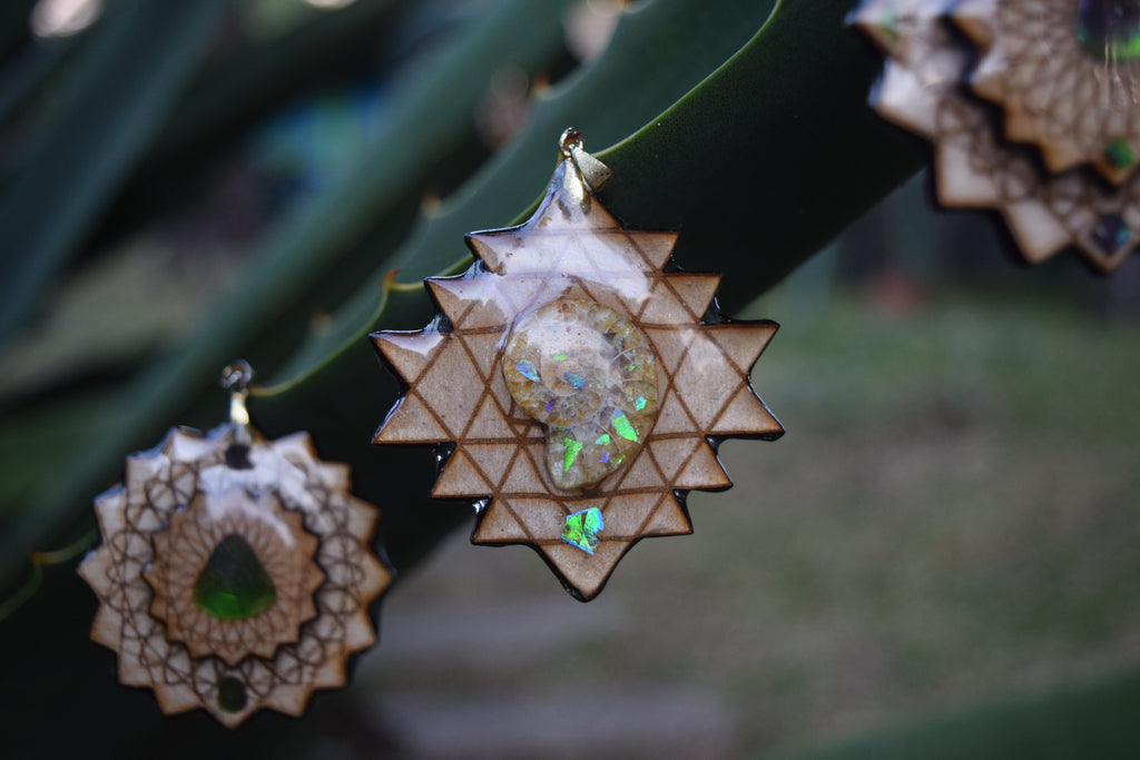 Ammonite covered in Ammolite x Sri Yantra